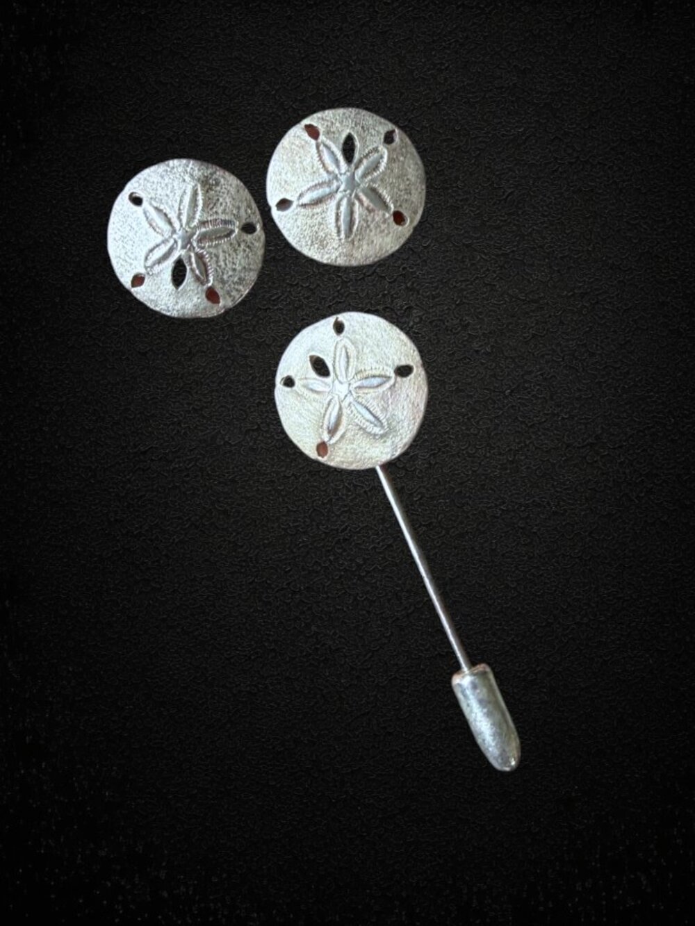 Vintage Sterling Sand Dollar Stick Pin & Matching Earrings Beach Nautical Set